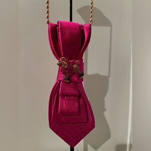 Elegant Pink necktie necklace with Gold tone chain and poodle brooch
